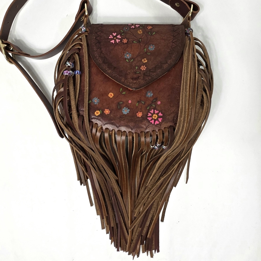 Handmade Tooled Leather Fringe Bag